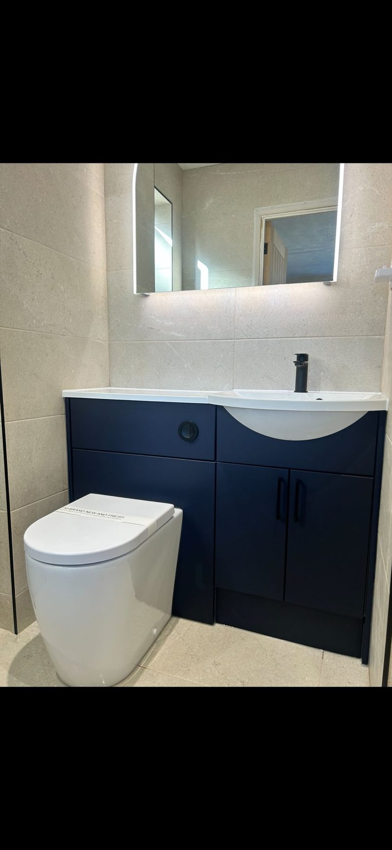 Navy blue vanity and toilet unit